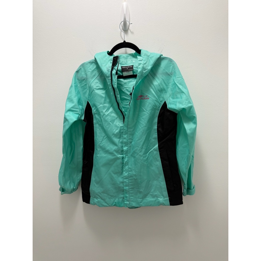 Grundens Womens Rain Jacket Small Seafoam Green Black Hooded Windbreaker
